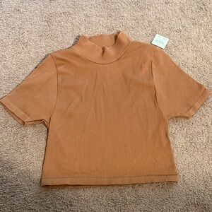 Anthropologie Ribbed Short-Sleeve Mock Neck Top - Brown